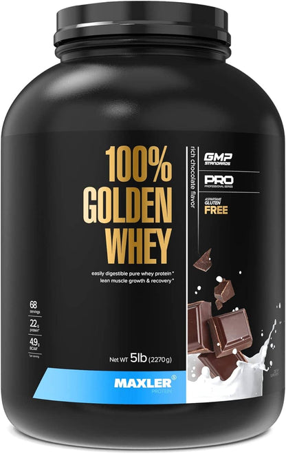 Maxler 100% Golden Whey protein powder container with chocolate pieces and milk splash on a black background