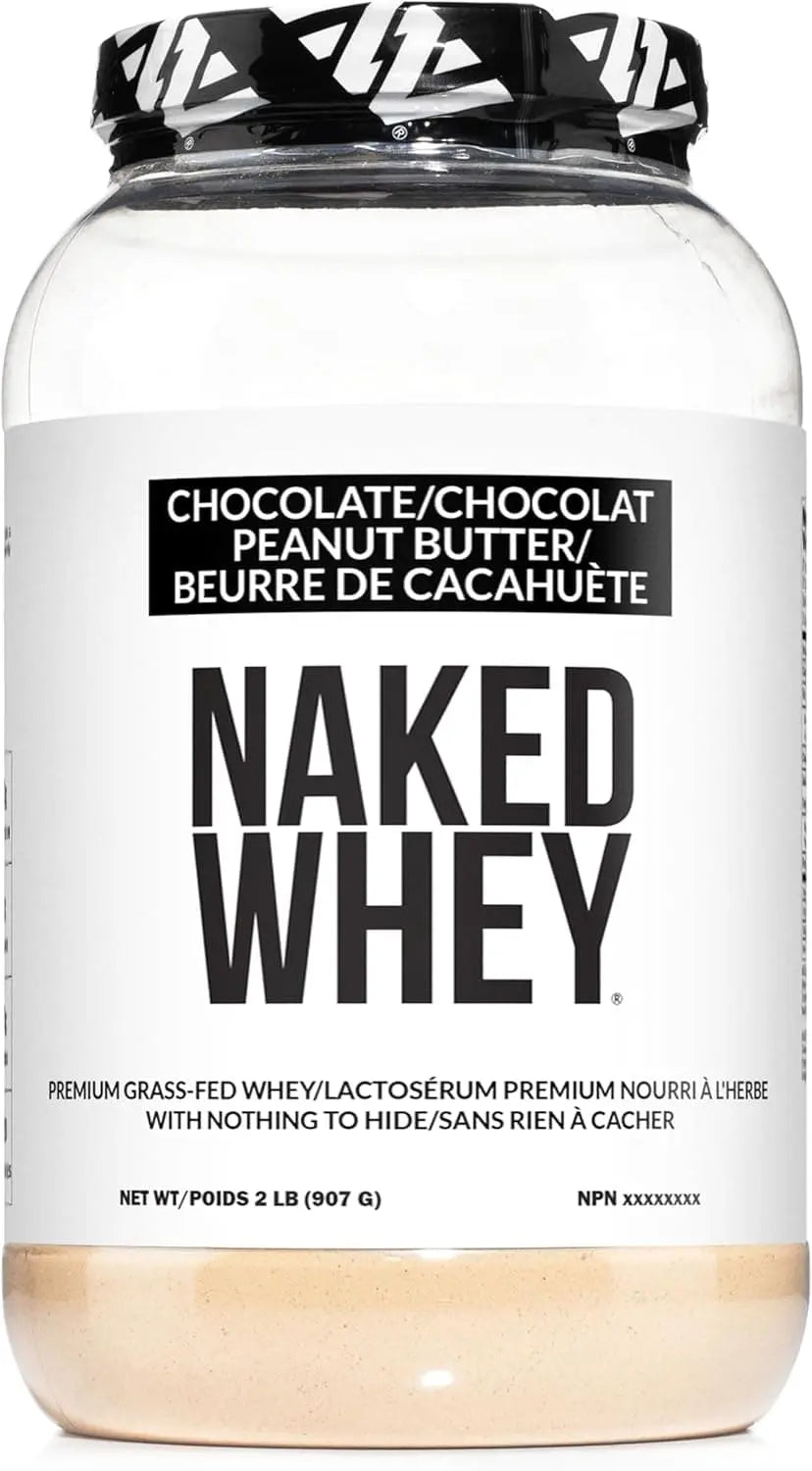 Naked Whey protein powder container with a white label and black text.