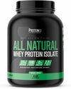 Black container of Protein Co. All Natural Whey Protein Isolate with green text on a white background