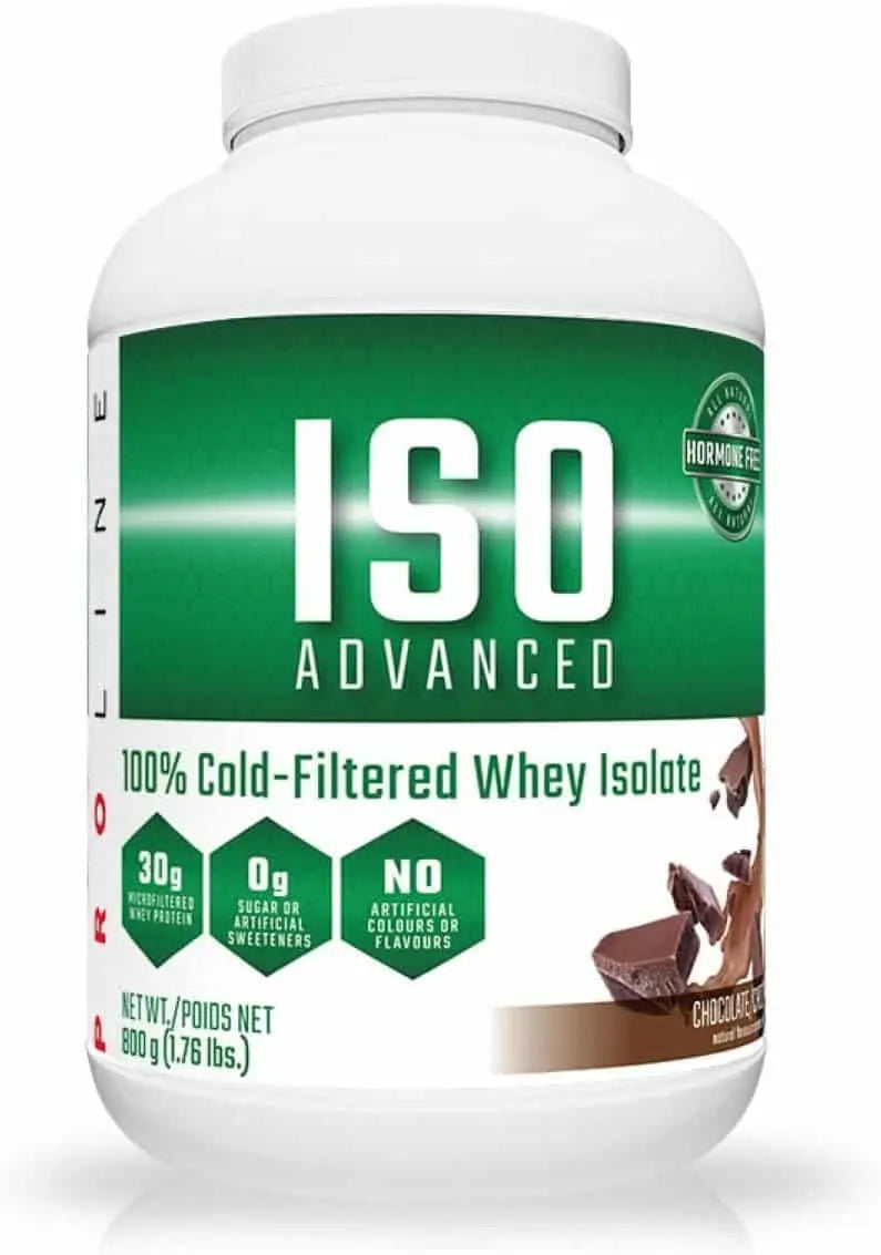 White container of ISO Advanced whey isolate with green label on a white background