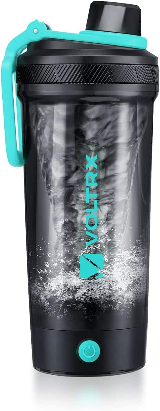 Black and teal shaker bottle with Voltaic logo on a white background