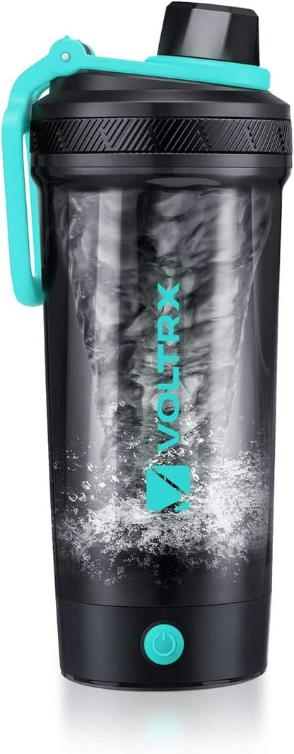 Black and teal shaker bottle with Voltaic logo on a white background