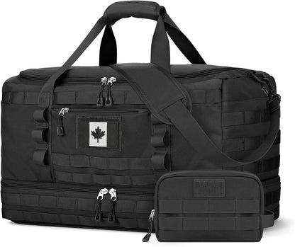 Black tactical duffel bag with a smaller pouch on a white background