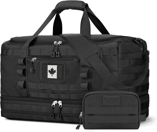 Black tactical duffel bag with a smaller pouch on a white background