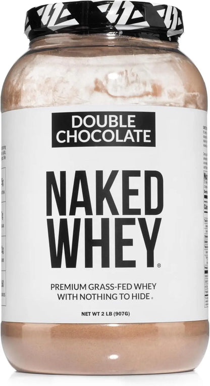 Naked Whey Double Chocolate whey protein powder container on a white background