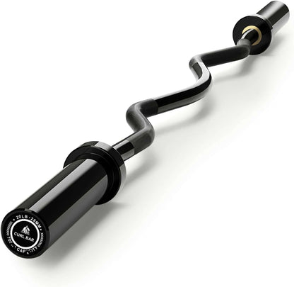 Black curl bar with weight markings on a white background