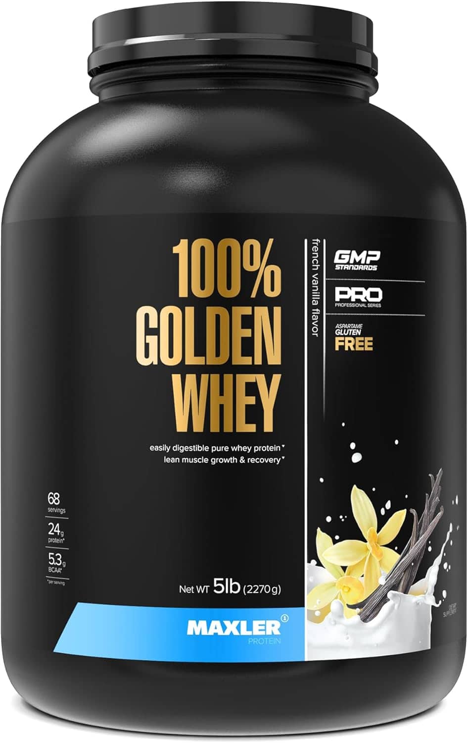 Maxler 100% Golden Whey protein powder container on a white background