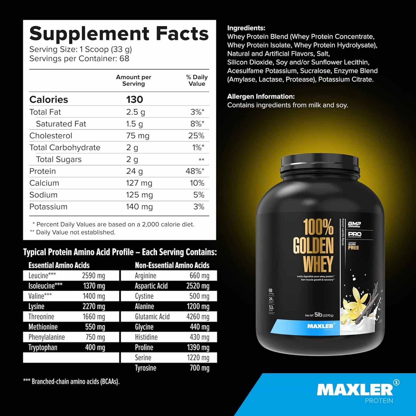 Maxler protein supplement with nutritional facts and ingredients listed on a black background