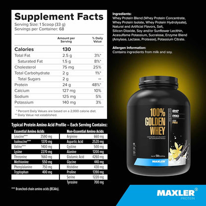 Maxler protein supplement with nutritional facts and ingredients listed on a black background