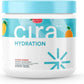 Cura Hydration supplement container with blue lid and colorful label on a white background