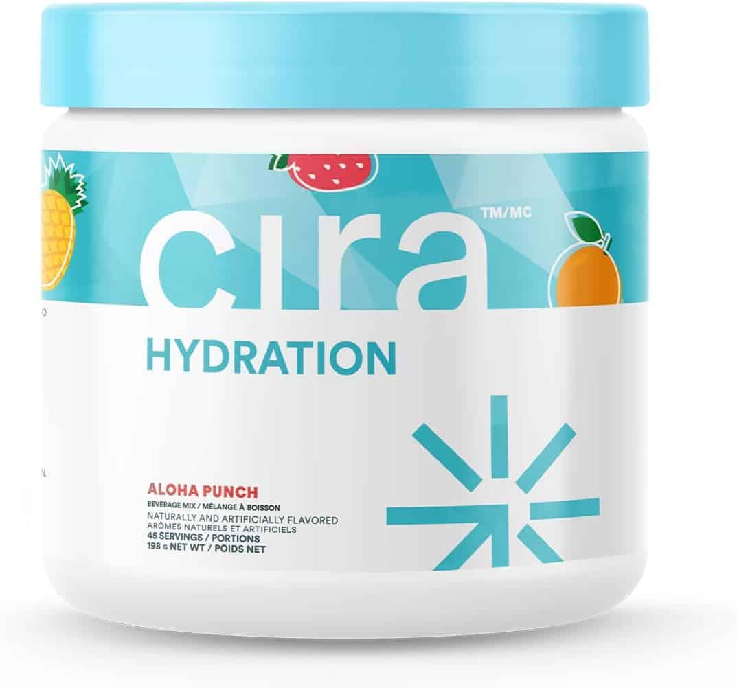 Cura Hydration supplement container with blue lid and colorful label on a white background