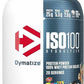 Dymatize ISO100 Hydrolyzed protein powder container with Fruity Pebbles flavor packaging.