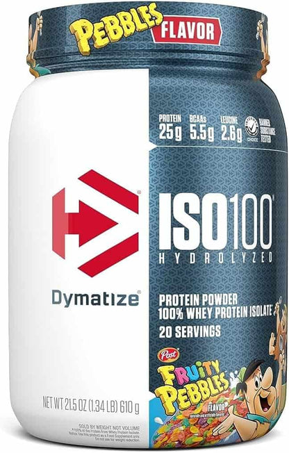 Dymatize ISO100 Hydrolyzed protein powder container with Fruity Pebbles flavor packaging.