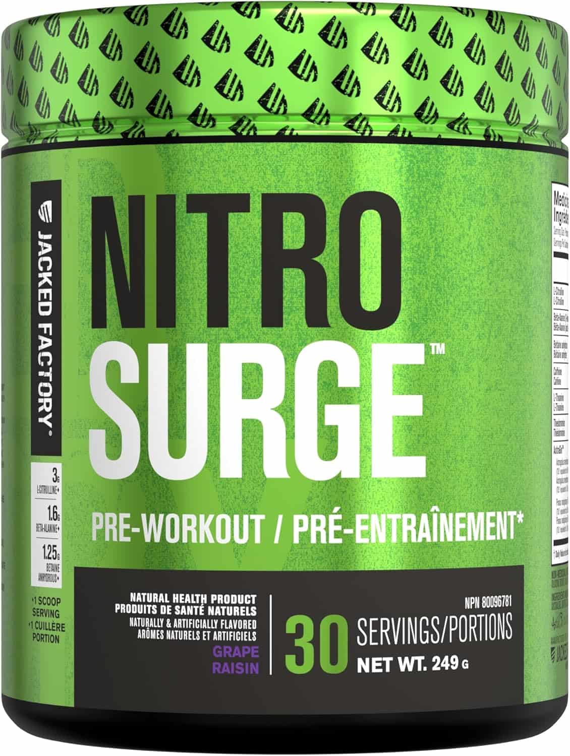 Green container of Nitro Surge pre-workout supplement with black text