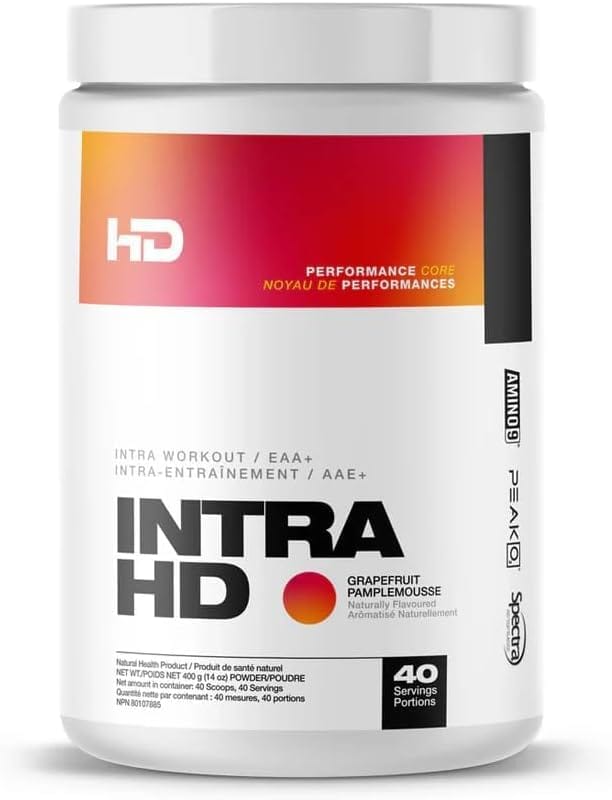 Supplement container labeled 'INTRA HD' with branding and product details on a white background