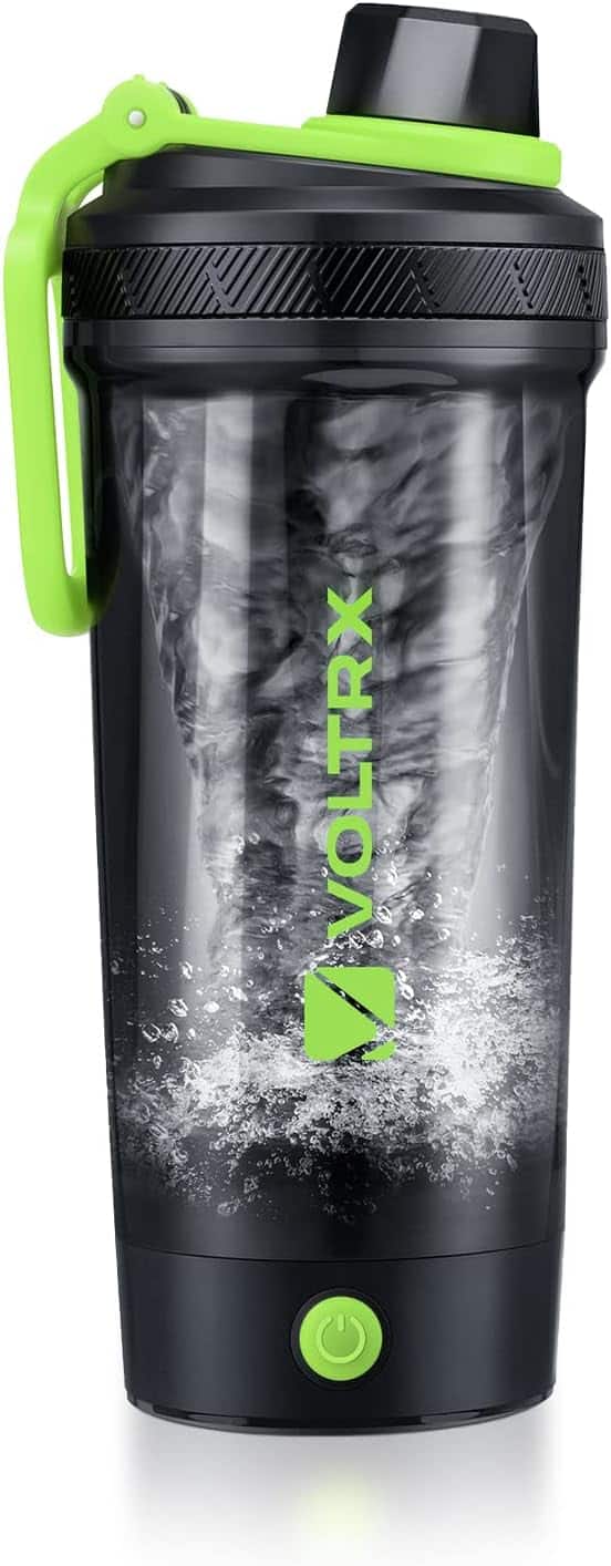 Black and green shaker bottle with Voltrx branding on a white background