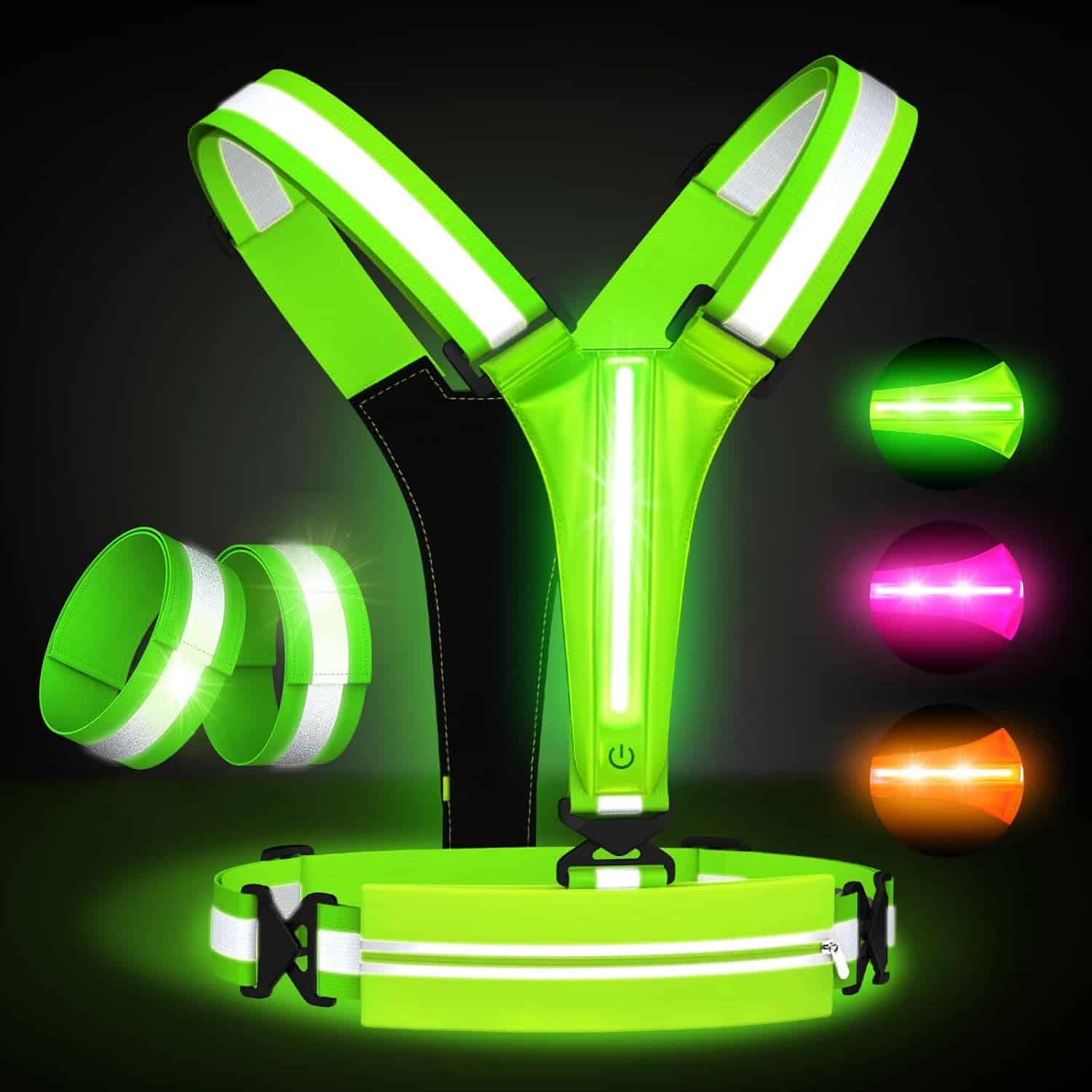 LED Reflective Running Vest Set – USB Rechargeable Light-Up Vest with Phone Holder, High Visibility Armbands, Adjustable Fit for Night Running, Walking, Cycling (Unisex) Fokia Kunbio