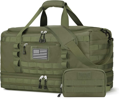 Green tactical duffel bag with American flag patch on a white background