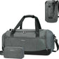 Gray duffel bag with black accents and matching pouch on a white background