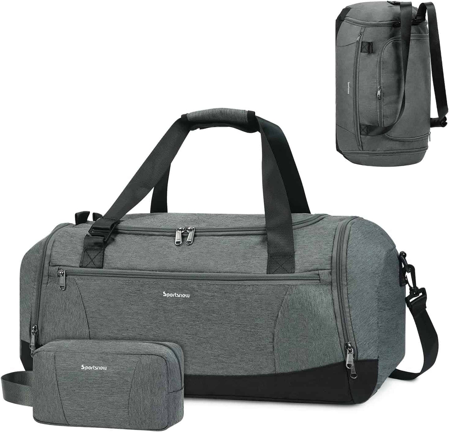 Gray duffel bag with black accents and matching pouch on a white background