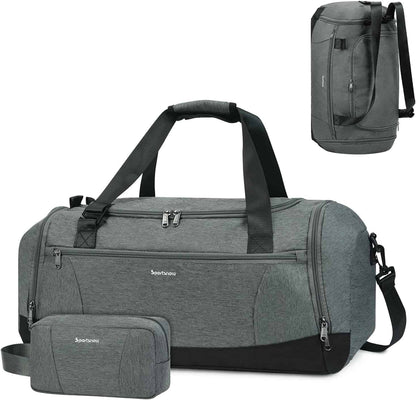 Gray duffel bag with black accents and matching pouch on a white background