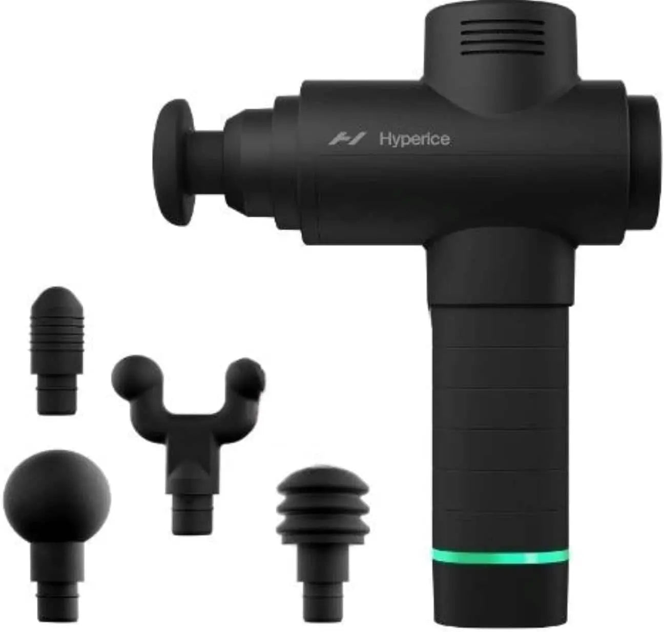 Black massage gun with attachments on a white background, featuring the Hyperice brand.