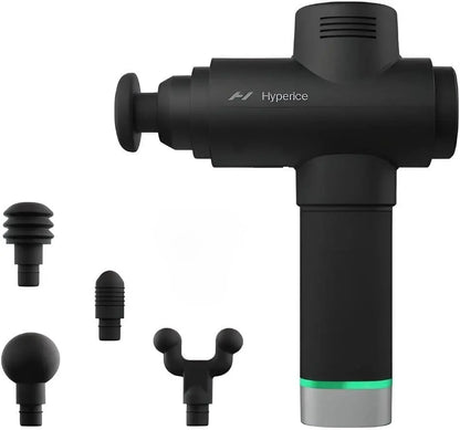 Black massage gun with attachments on a white background, featuring the Hyperice brand.