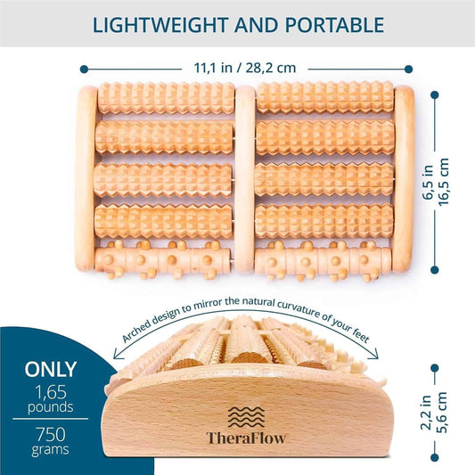 Wooden foot roller with measurements and TheraFlow branding on a white background