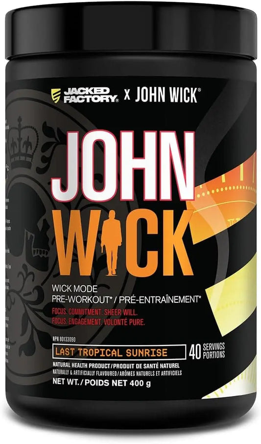 John Wick pre-workout supplement container with black and orange design