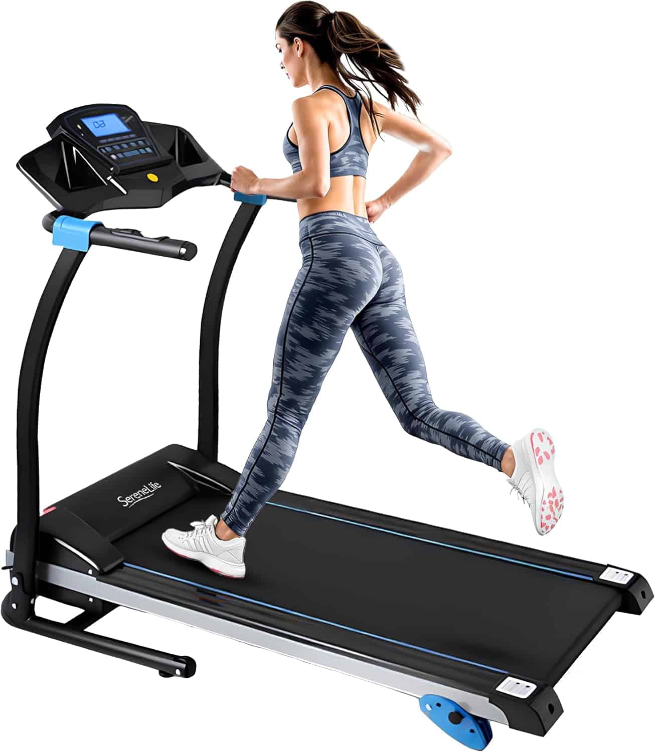 Woman running on a treadmill with a white background