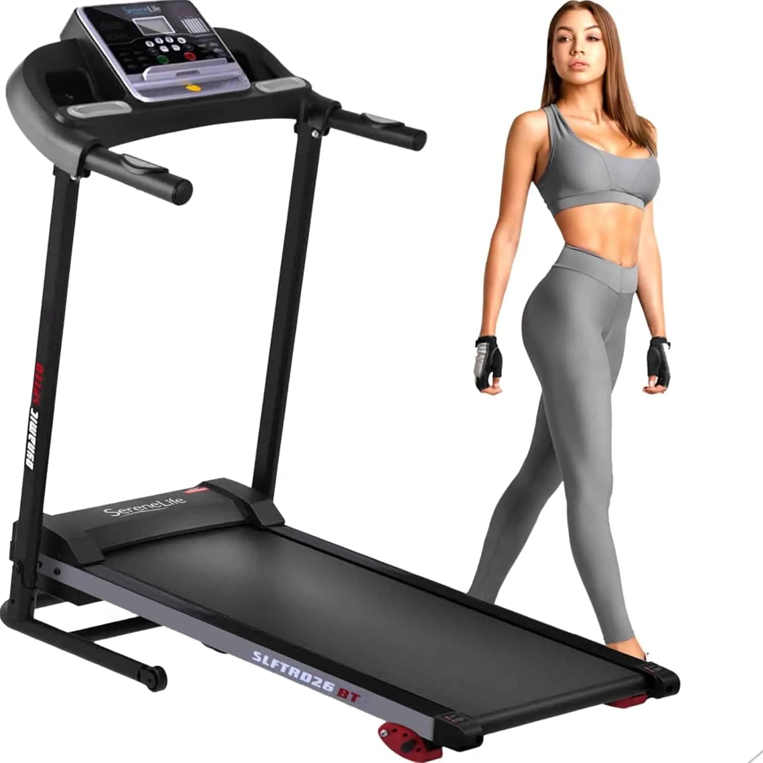 Treadmill with a person in athletic wear standing next to it on a white background