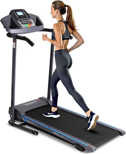 Woman running on a treadmill with a white background