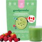 Goodprotein green superfood juice package with a glass of juice and fruits on a white background