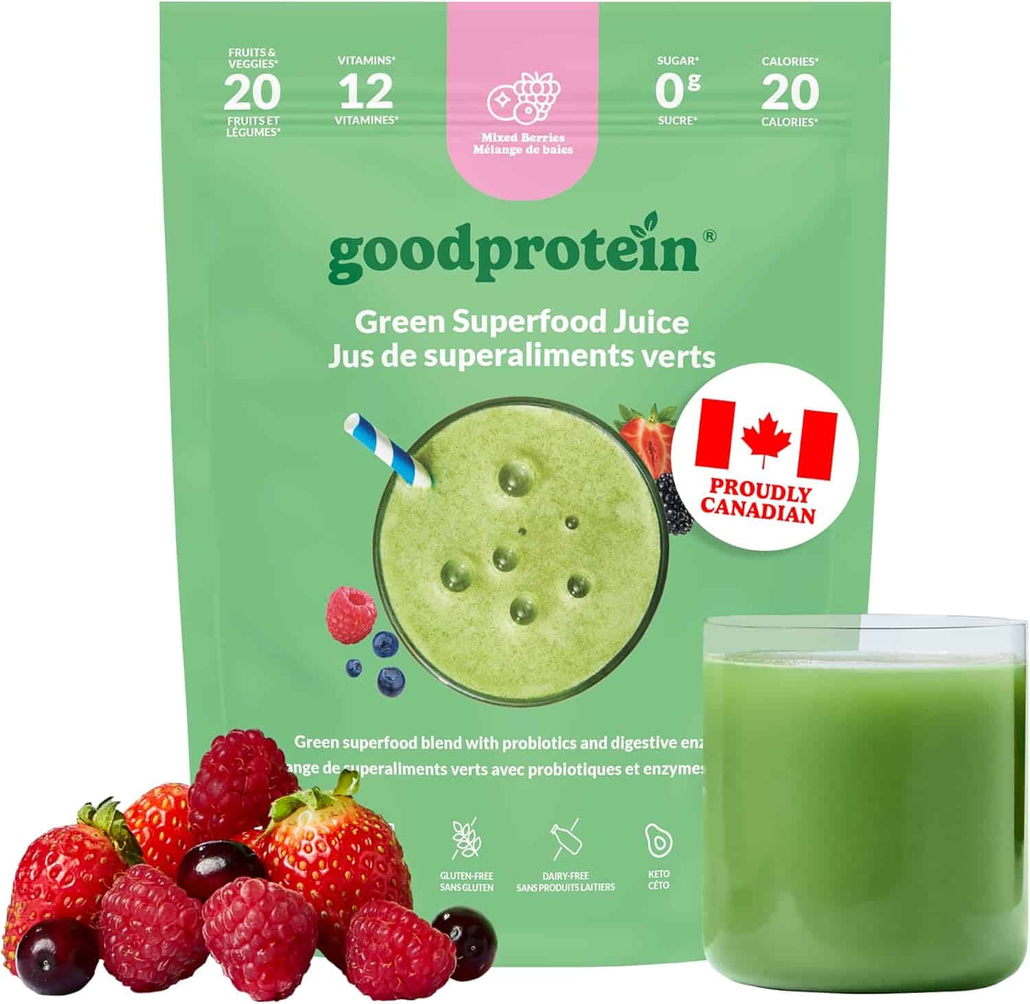 Goodprotein green superfood juice package with a glass of juice and fruits on a white background