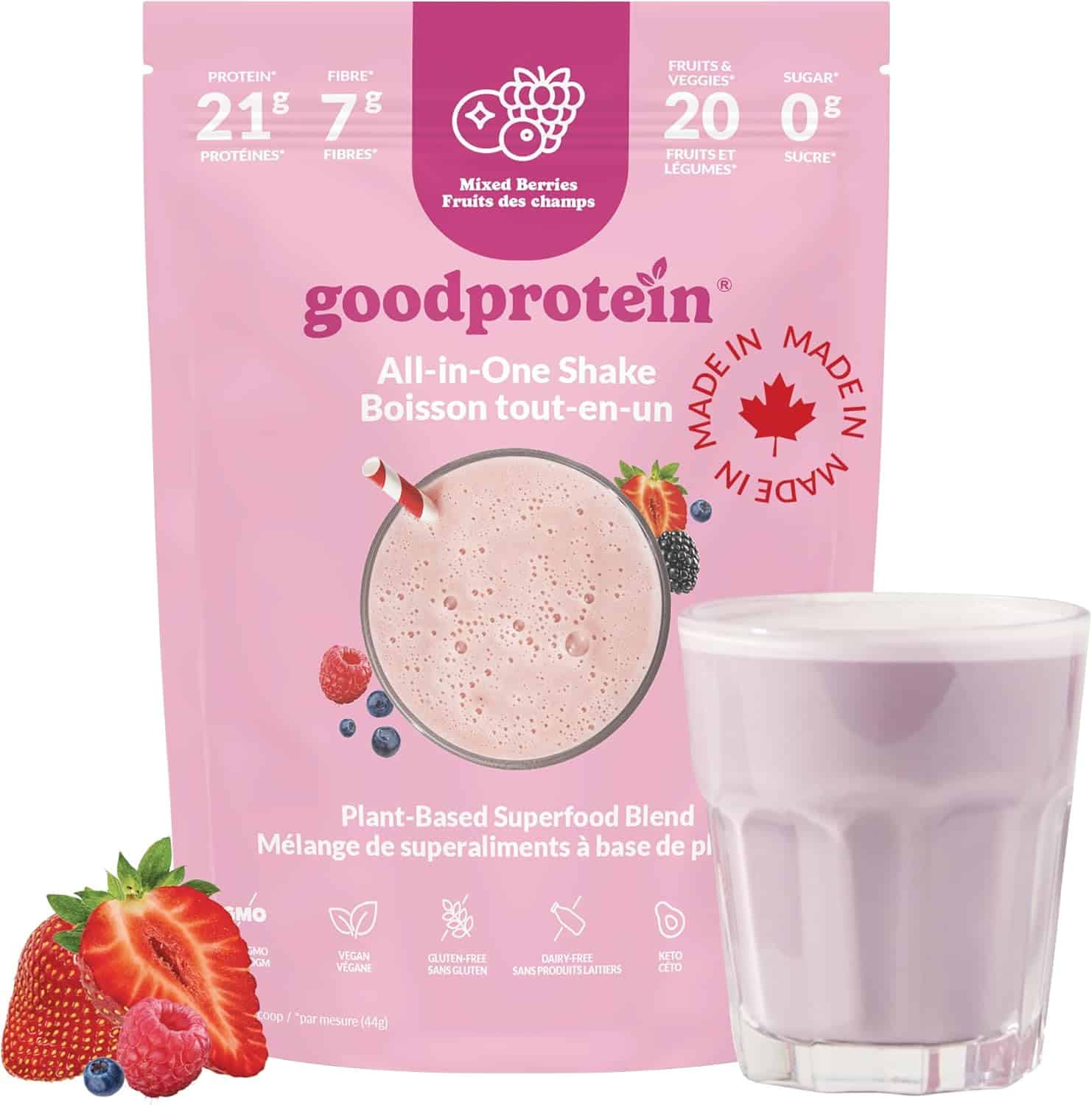 Goodprotein all-in-one shake package with a glass of shake on a white background