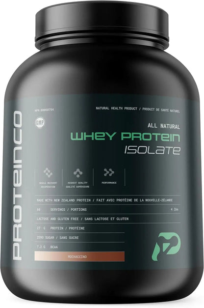 Black container of Proteinco whey protein isolate on a white background