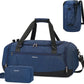 Blue duffel bag with black straps and a smaller blue pouch on a white background