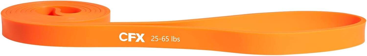 Orange resistance band with 'CFX' branding and weight range on a white background