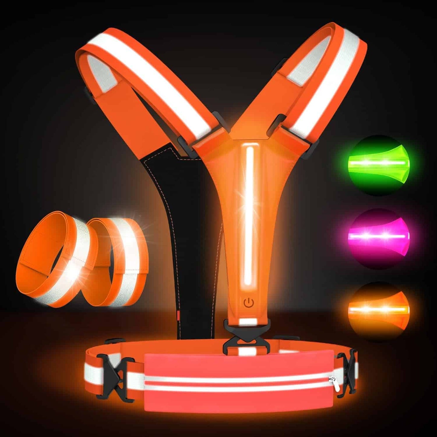 LED Reflective Running Vest Set – USB Rechargeable Light-Up Vest with Phone Holder, High Visibility Armbands, Adjustable Fit for Night Running, Walking, Cycling (Unisex) Fokia Kunbio