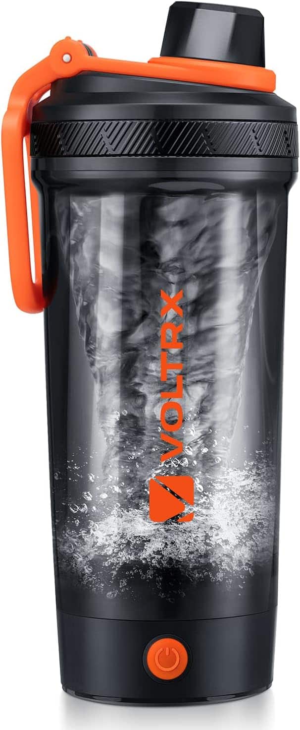 Black and orange shaker bottle with Voltrix logo on a white background