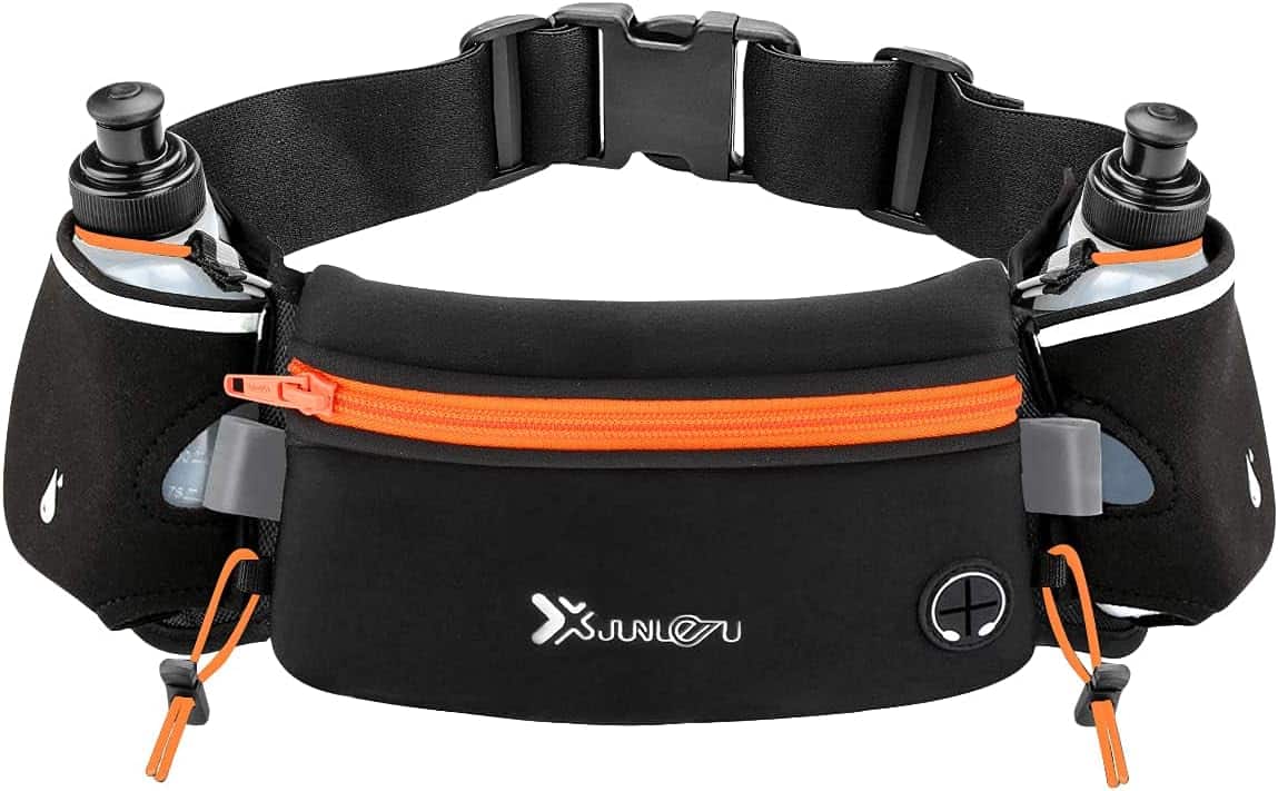 Number-One Running Belt with 2 Water Bottles – Waterproof Hydration Waist Pack with Adjustable Fit for Running, Hiking, Cycling, Marathon (iPhone-Compatible) Number-one