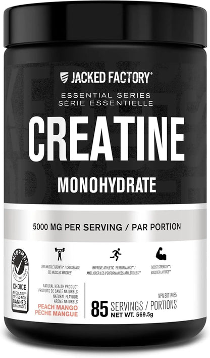 Jacked Factory Creatine Monohydrate supplement container with black and white label