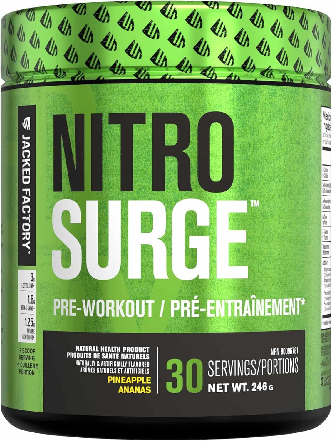 Green and black container of Nitro Surge pre-workout supplement with 'Jacked Factory' branding.