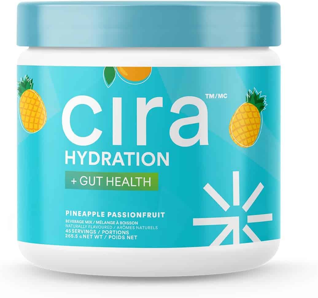 Cira Hydration + Gut Health supplement container with pineapple and passionfruit graphics on a white background