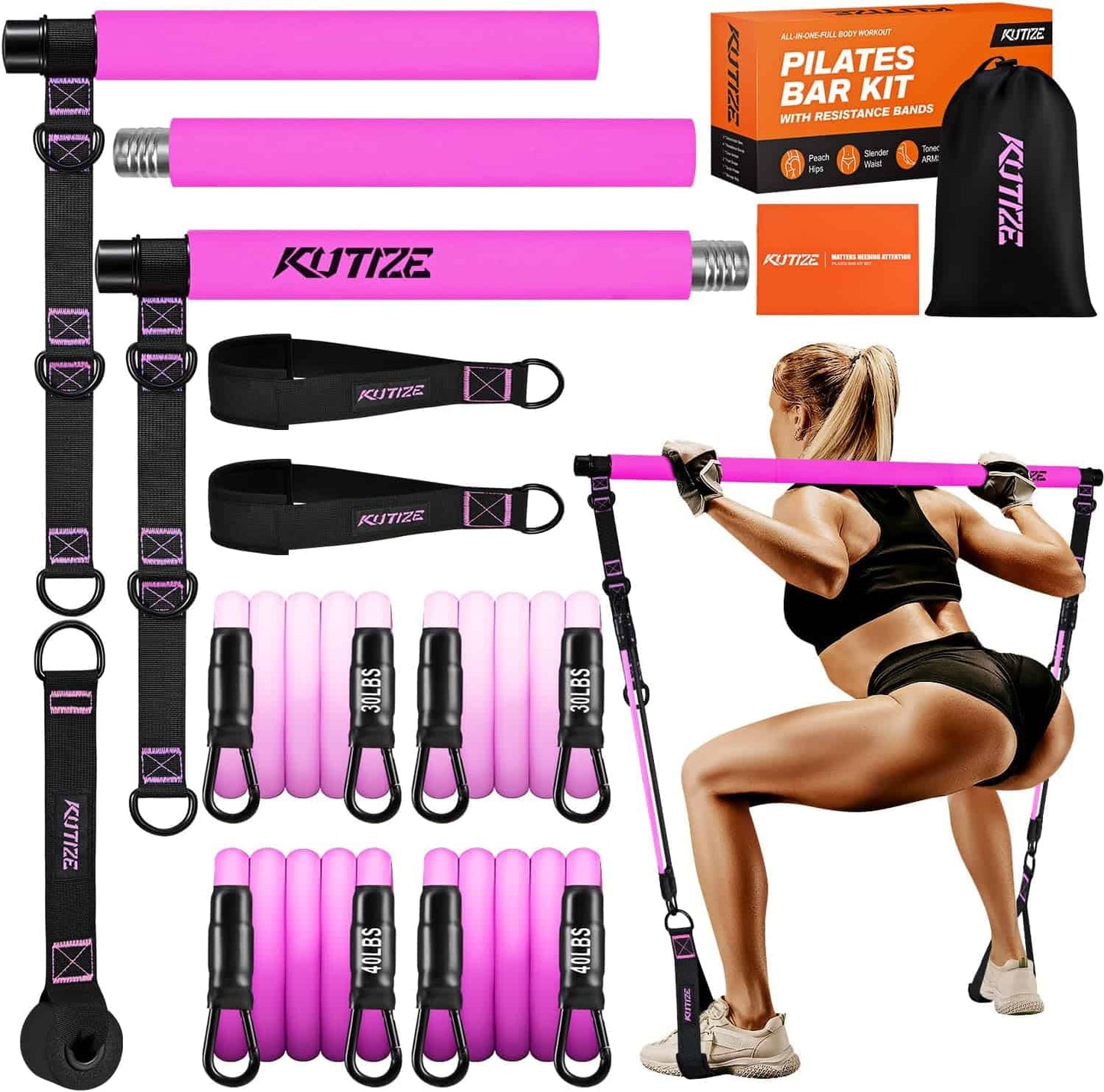 Kutize Pilates Bar Kit with resistance bands and a woman using the equipment.