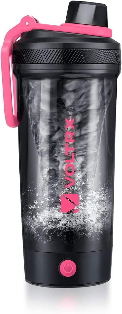 Black and pink shaker bottle with Voltaic logo on a white background