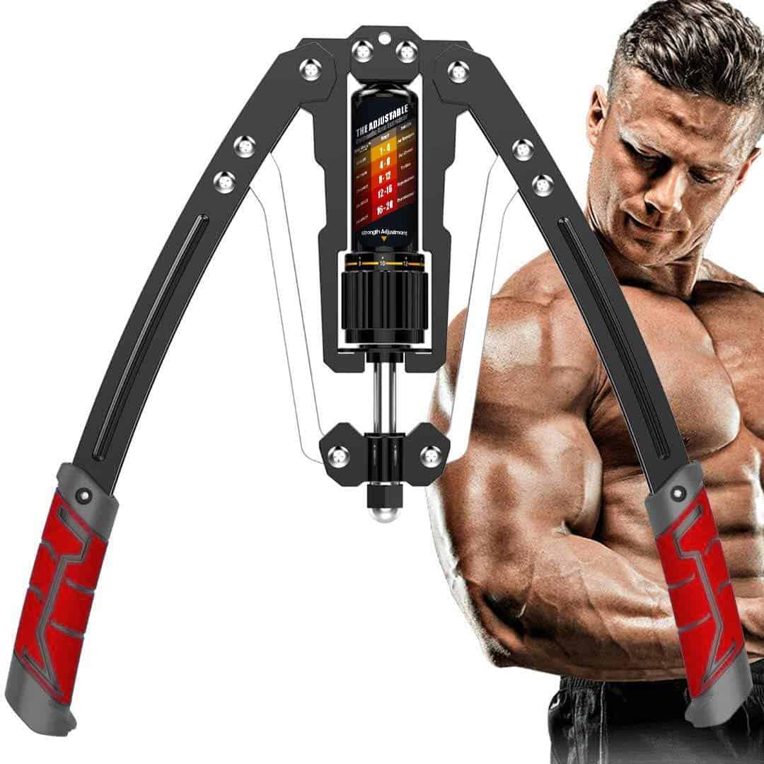 Mechanical device with red and black design on a white background, featuring a muscular man.