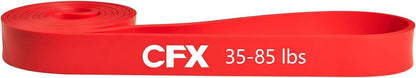 Red resistance band with CFX branding and weight rating on a white background