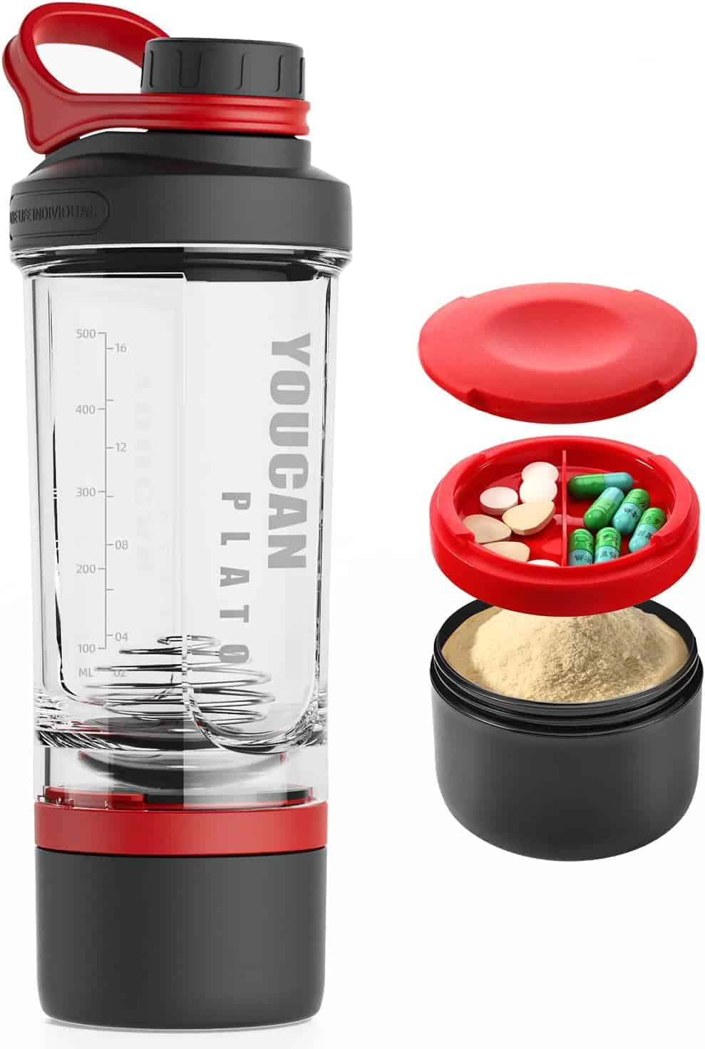 Youcan Platinum supplement shaker bottle with compartment for pills and powder on a white background