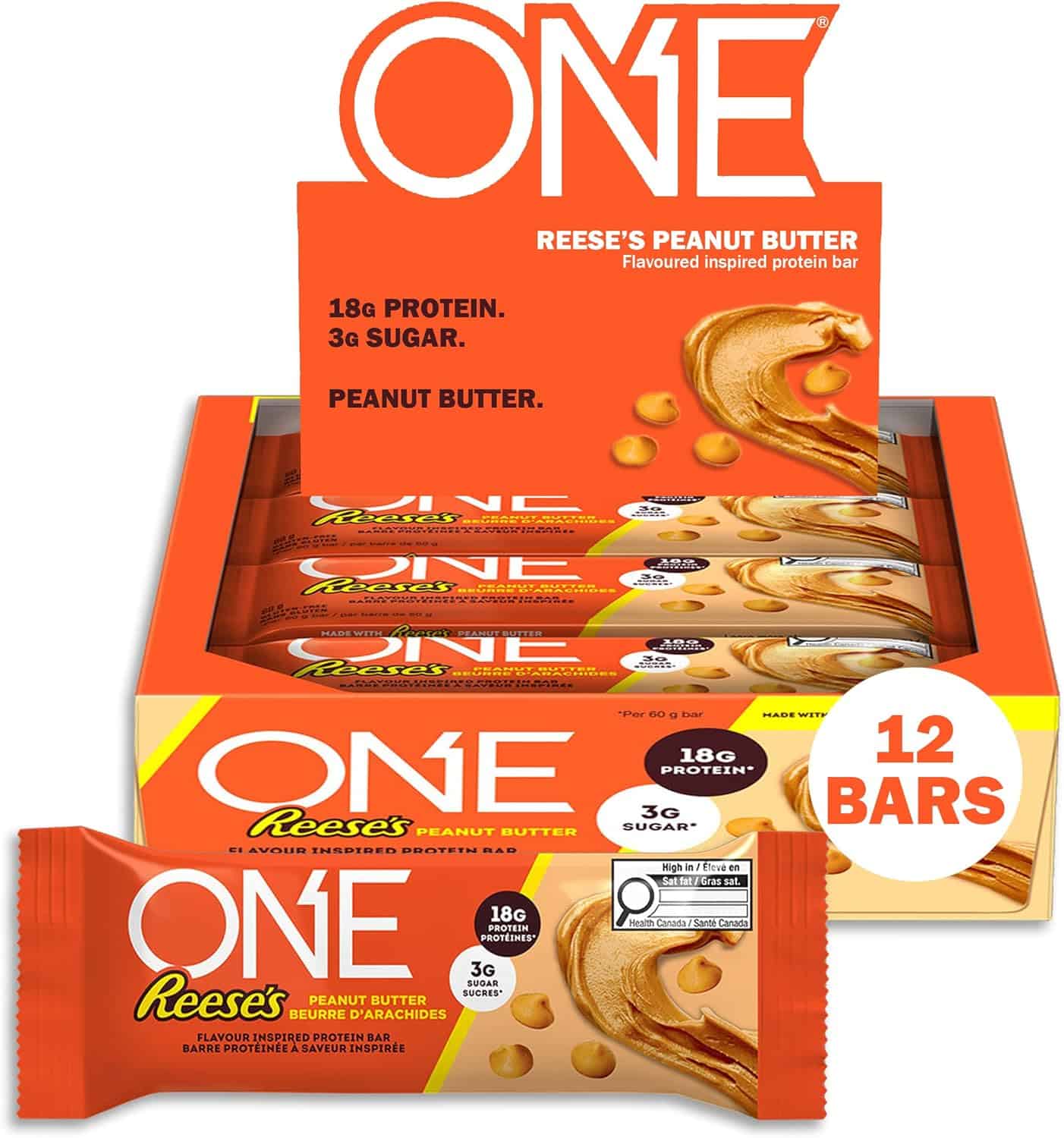 ONE Protein Bars – Reese’s Peanut Butter Flavor – 18g Protein, 3g Sugar – Gluten-Free – 12 Pack x 60g
